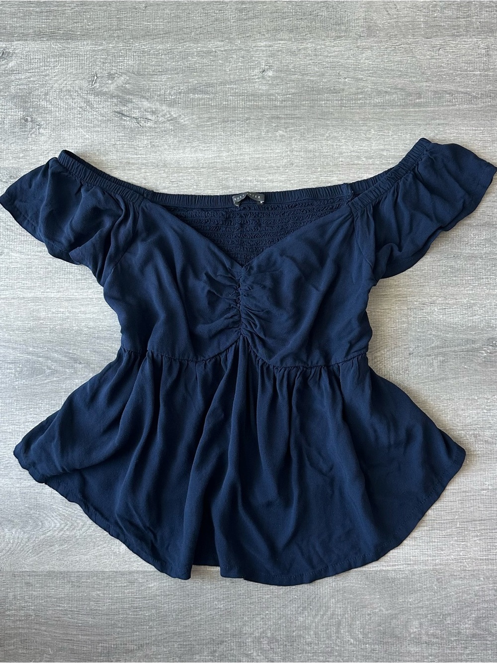 Suzy Shier Off-Shoulder Ruching Milkmaid Navy Blouse Top